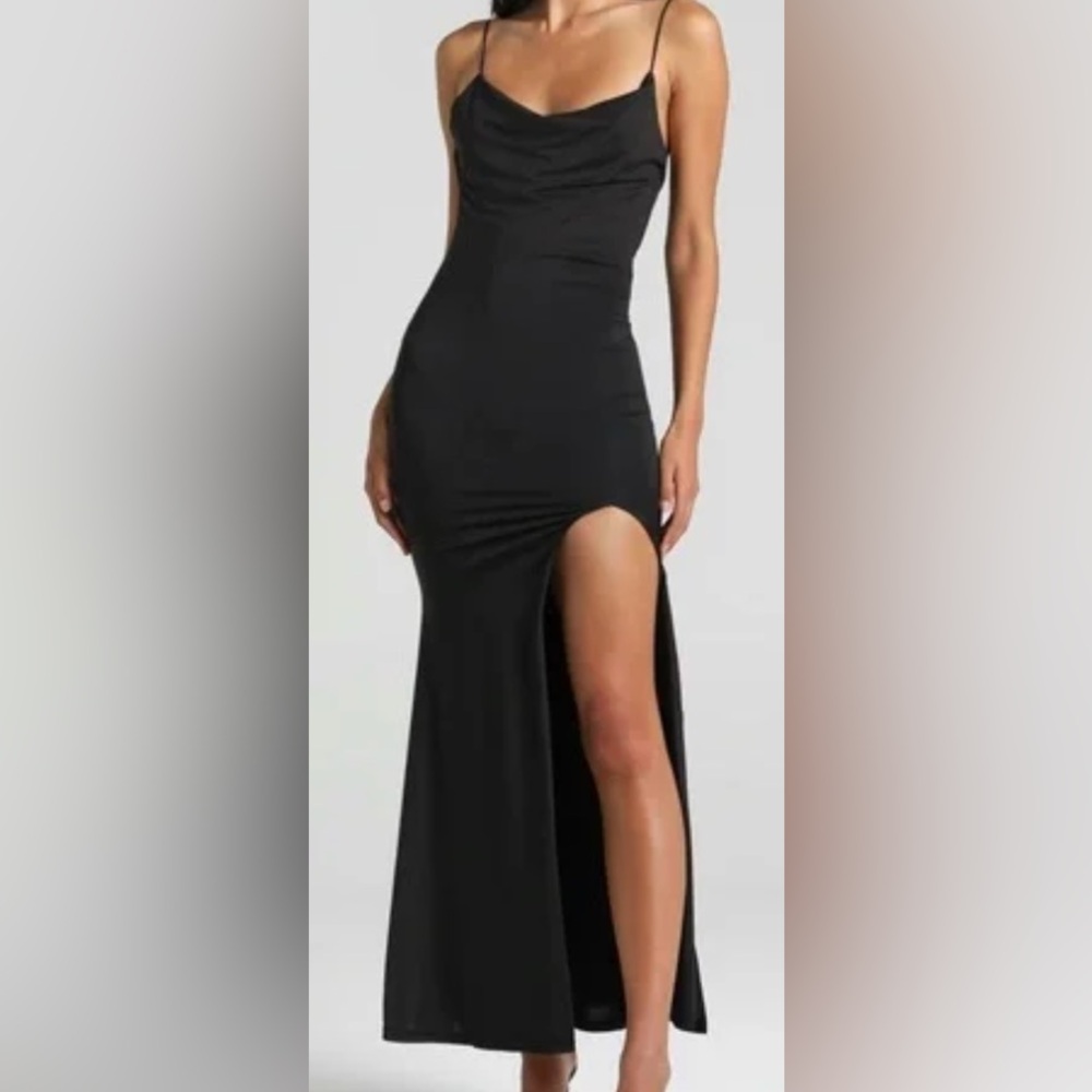 Showpo Tasteful Black Bodycon Dress Cowl Neck Thigh Slit Dress Black Size 0